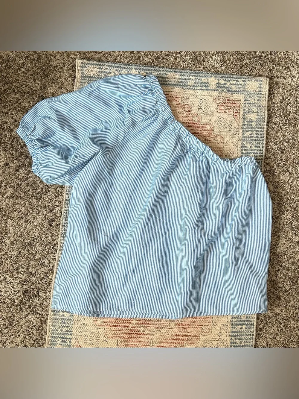 🧺LOFT Linen Blend Striped One Shoulder Puff Sleeve Top - Large